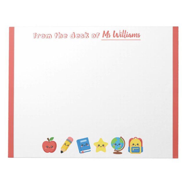 Cute School Icons Personalized Teacher Notepad (Front)