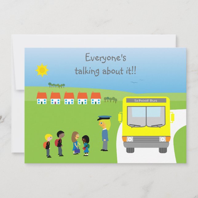 Cute School Kids & Bus Birthday Party Invitation (Front)