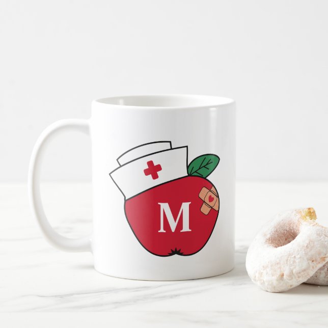 Cute School Nurse Apple Monogram Coffee Mug (With Donut)