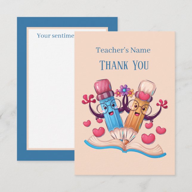 cute School pencils add name sentiment Teacher Thank You Card (Front/Back)