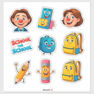Cute School Sticker Set With Cartoon Characters