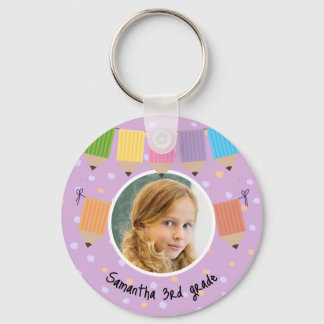 Cute School Student Kid Photo Dots Pencils Purple Keychain