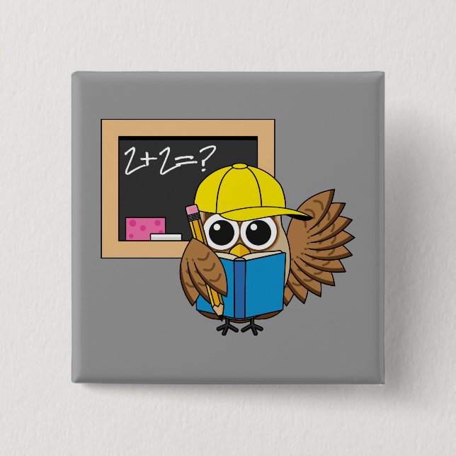 Cute School Student Owl Cartoon 2 Inch Square Button (Front)