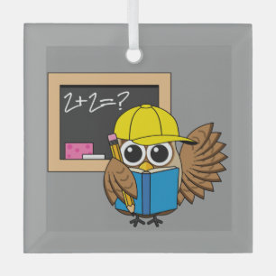 Cute School Student Owl Cartoon Glass Ornament