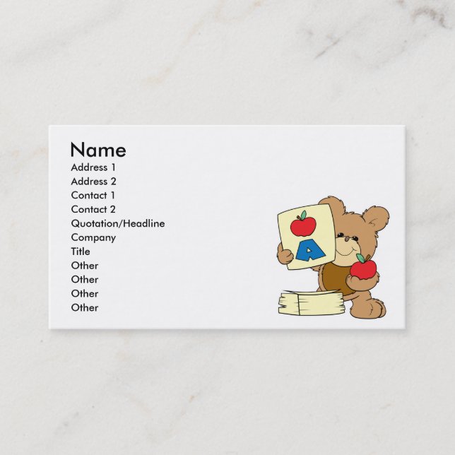 cute school teddy bear A is for Apple Business Card (Front)