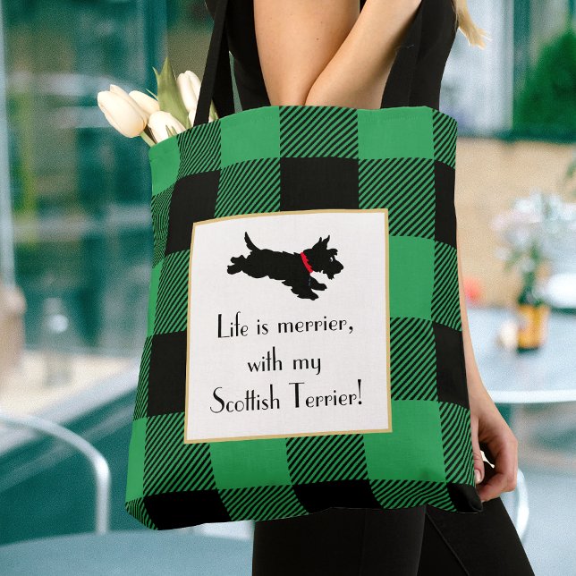 Cute Scottie Dog Buffalo Plaid Green Tote Bag (Creator Uploaded)