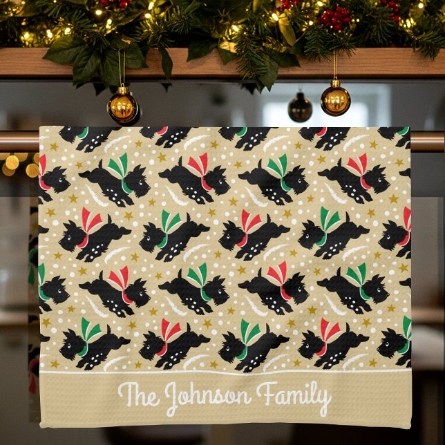 Cute Scottie Dog Family Name Snow Fun Pattern Gold Kitchen Towel (Creator Uploaded)