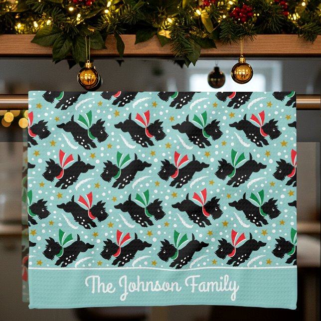 Cute Scottie Dog Family Name Snow Fun Pattern Mint Kitchen Towel (Creator Uploaded)