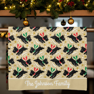Cute Scottie Dog Family Name Snow Gold Christmas Kitchen Towel