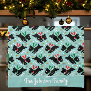 Cute Scottie Dog Family Name Snow Mint Christmas Kitchen Towel