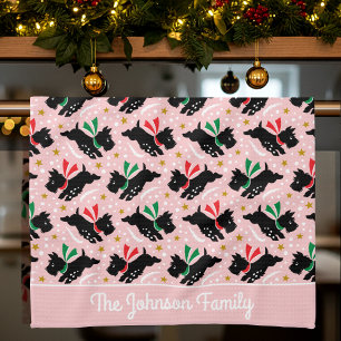 Cute Scottie Dog Family Name Snow Pink Christmas Kitchen Towel