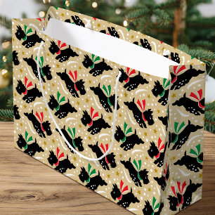 Cute Scottie Dog Fun Snow Pattern Gold Christmas Large Gift Bag