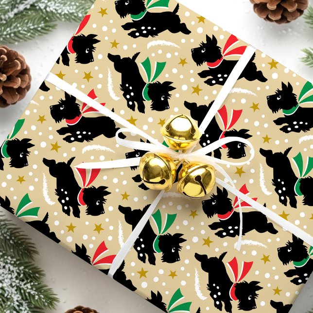 Cute Scottie Dog Fun Snow Retro Pattern Gold Wrapping Paper (Creator Uploaded)
