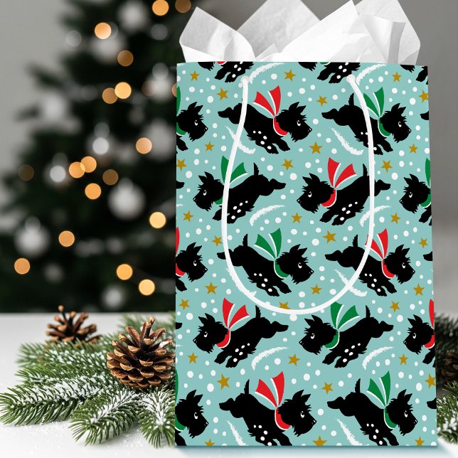 Cute Scottie Dog Fun Snow Retro Pattern Mint Medium Gift Bag (Creator Uploaded)