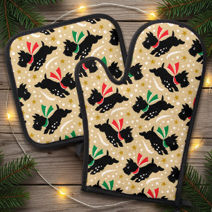 Cute Scottie Dog Snow Fun Pet Pattern Gold Oven Mitt & Pot Holder Set