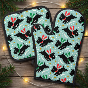 Cute Scottie Dog Snow Fun Pet Pattern Mint Green Oven Mitt & Pot Holder Set