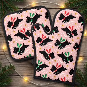 Cute Scottie Dog Snow Pet Pink Christmas Oven Mitt & Pot Holder Set