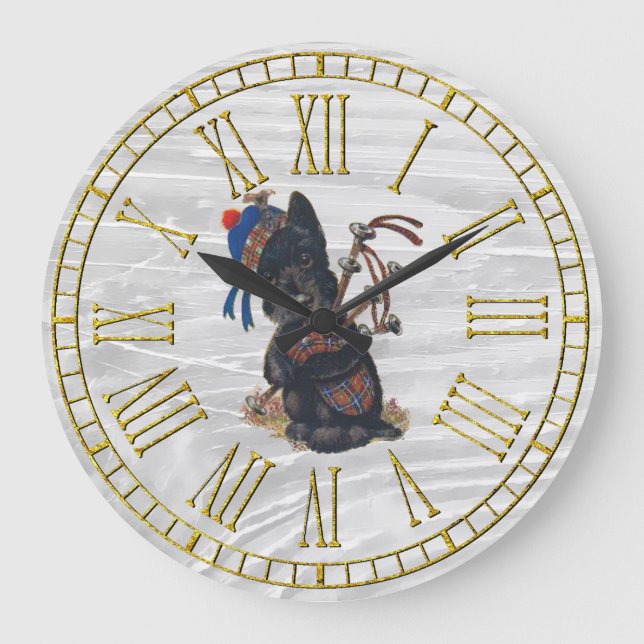 Cute Scottie Playing Bagpipes Large Clock (Front)