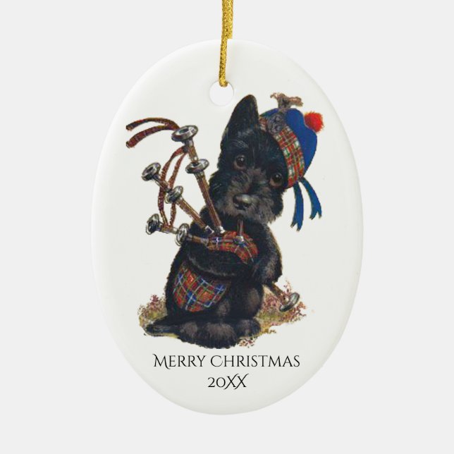 Cute Scottie Playing Bagpipes Personalize Ceramic Ornament (Front)