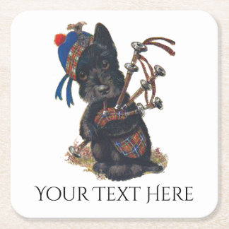 Cute Scottie Playing Bagpipes Personalize Square Paper Coaster