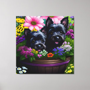 Cute Scottie Terrier Puppies in a Basket 9 Canvas Print