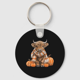 Cute Scottish Cow Cozy Autumn Pumpkin Western Fall Keychain