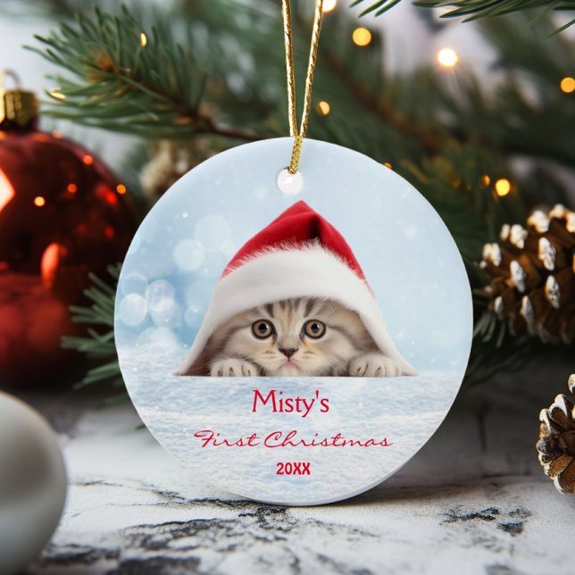 Cute Scottish Fold Cat Santa Hat Paw Personalized  Ceramic Ornament (Creator Uploaded)