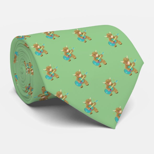 Cute Scottish Highland Cow Plays Guitar Tie (Rolled)