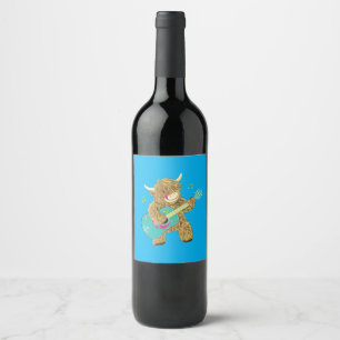 Cute Scottish Highland Cow Plays Guitar  Wine Label