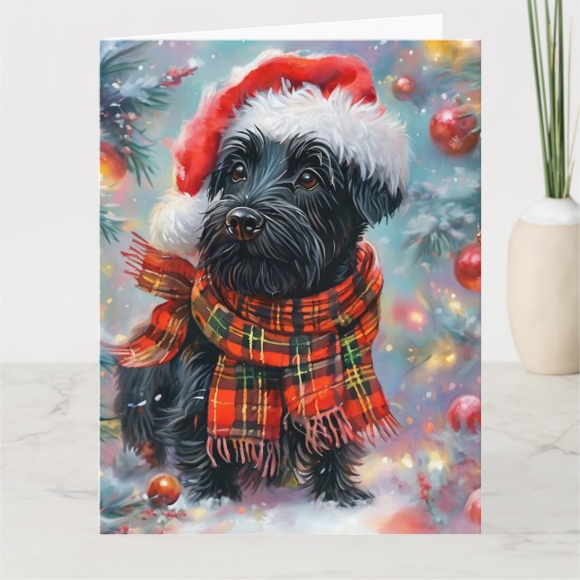 Cute Scottish Terrier in Santa Hat and Scarf Card (Front)