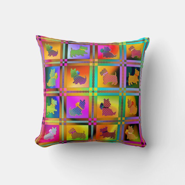   Cute Scottish Terriers with Plaid Pattern Throw Pillow (Front)