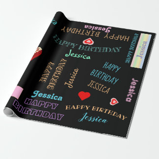 Cute Script Birthday Girl Name Hearts Black Wrapping Paper