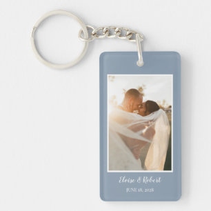 Cute Script Dusty Blue Wedding Anniversary Photo Keychain