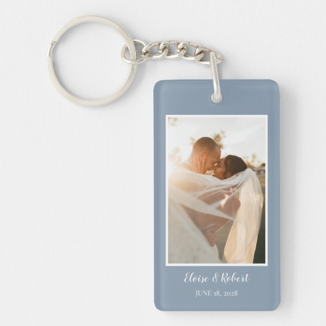 Cute Script Dusty Blue Wedding Anniversary Photo Keychain (Front)
