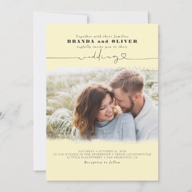Cute Script Elegant Photo Overlay Yellow Wedding Invitation (Front)
