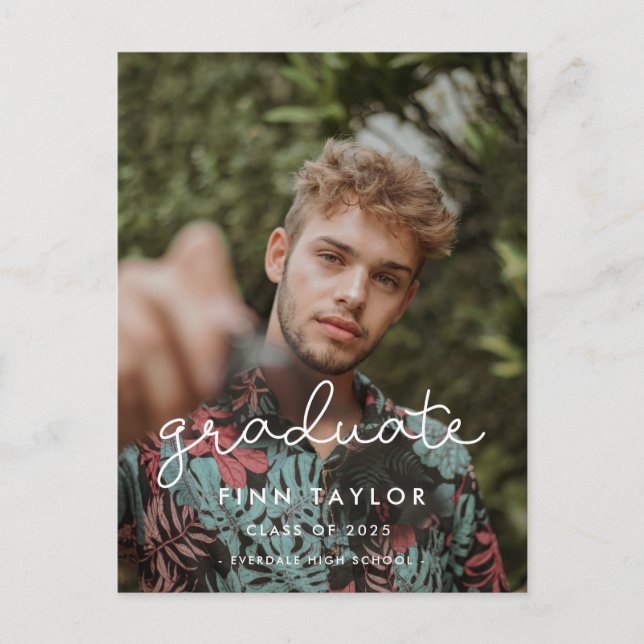 Cute script graduation party photo postcard (Front)