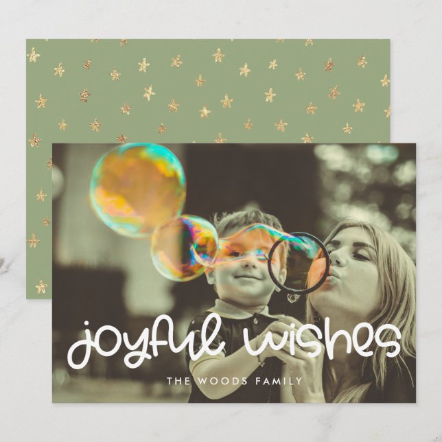Cute Script Joyful Wishes Family Photo Christmas Holiday Card (Front/Back)