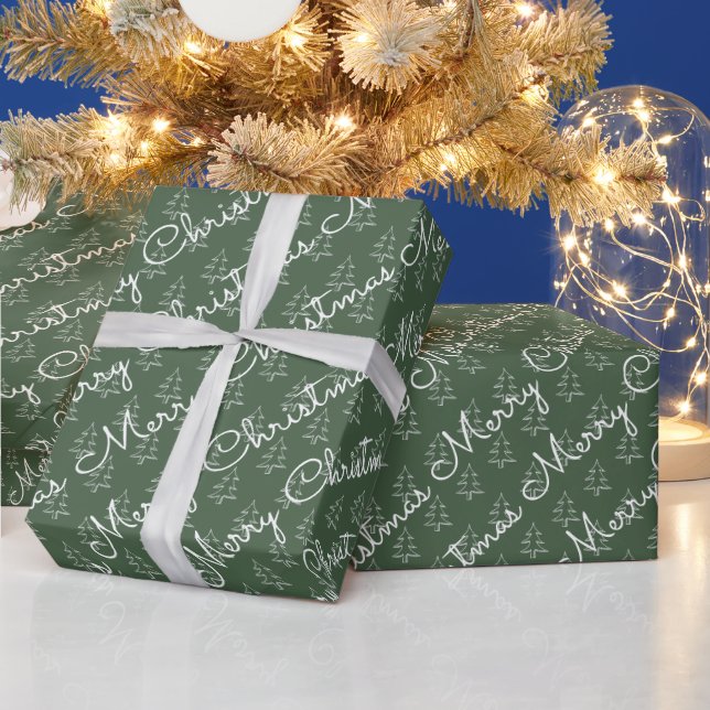 Cute Script Merry Christmas Holiday Tree Pattern Wrapping Paper (Holidays)