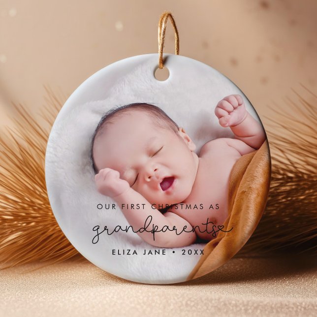 Cute script Our First Christmas as grandparents Ceramic Ornament (Creator Uploaded)