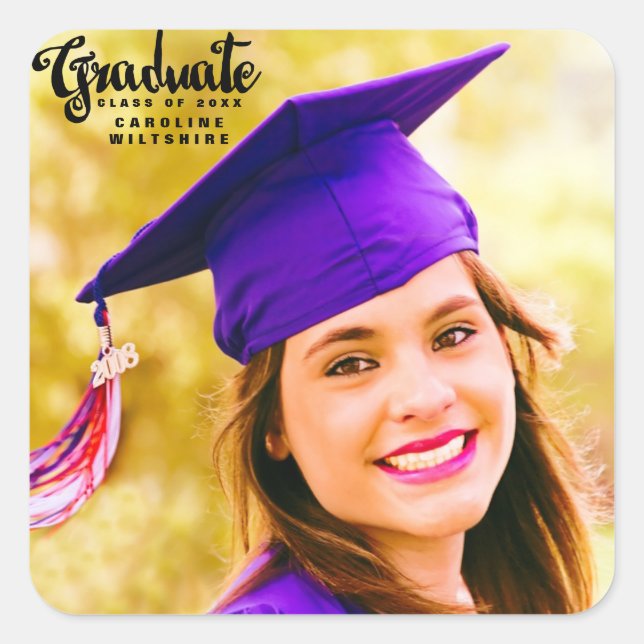 Cute Script Personalized Photo Graduation Square Sticker (Front)