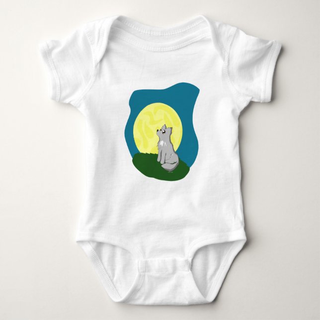 Cute Scruffy Wolf with Moon Baby Bodysuit (Front)