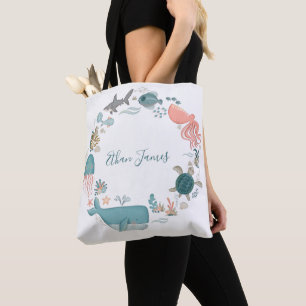Cute Sea Creatures Watercolor Personalized Diaper Tote Bag