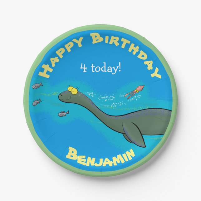 Cute sea dinosaur cartoon personalized birthday paper plate (Front)