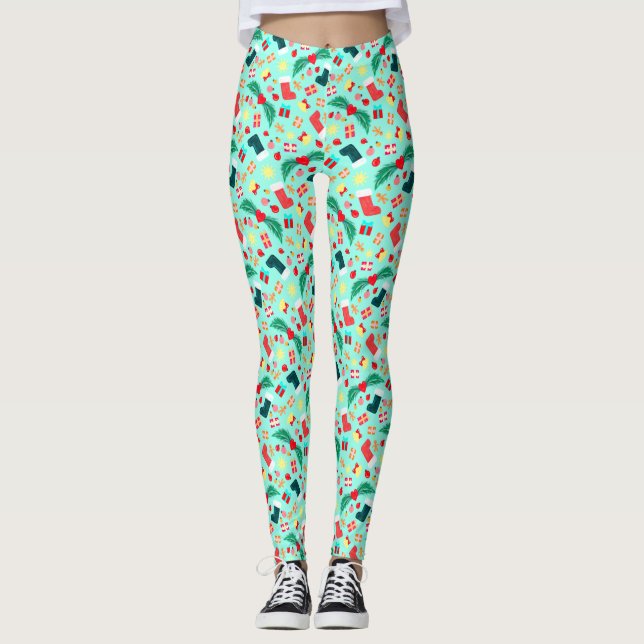 Cute Sea Green Christmas Pattern Colourful Holiday Leggings (Front)