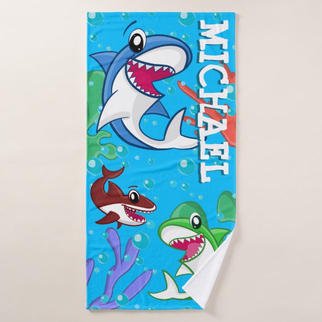 Cute Sea Life Shark Blue Ocean Kids name Bath Towel Set (Bath Towel)