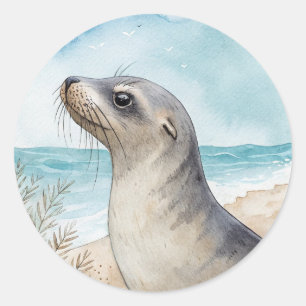 Cute Sea Lion At The Shore Round Sticker