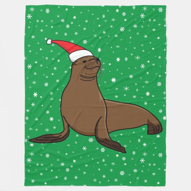 Cute Sea Lion in a Santa Hat Fleece Blanket (Front)