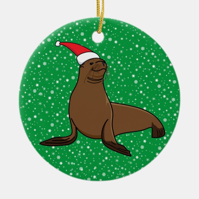 Cute Sea Lion in Santa Hat Christmas Ceramic Ornament (Front)