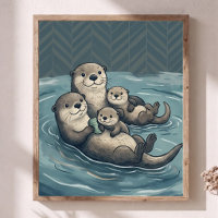Cute Sea Otter Family Nursery Art Chevron Poster