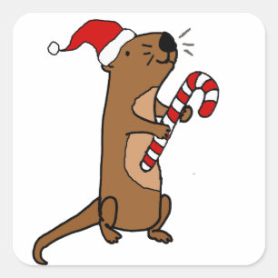 Cute Sea Otter in Santa Hat Christmas Cartoon Square Sticker